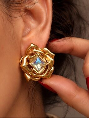 Gold Rose Statement Earrings with Iridescent Crystal